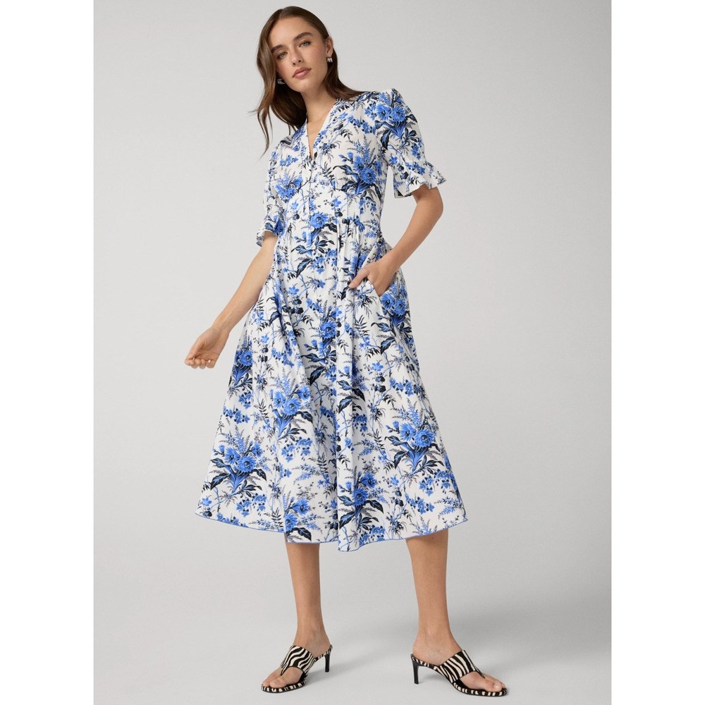B59 Diane von Furstenberg Erica Poplin Midi Dress 12 Floral Blue Garden Flowy